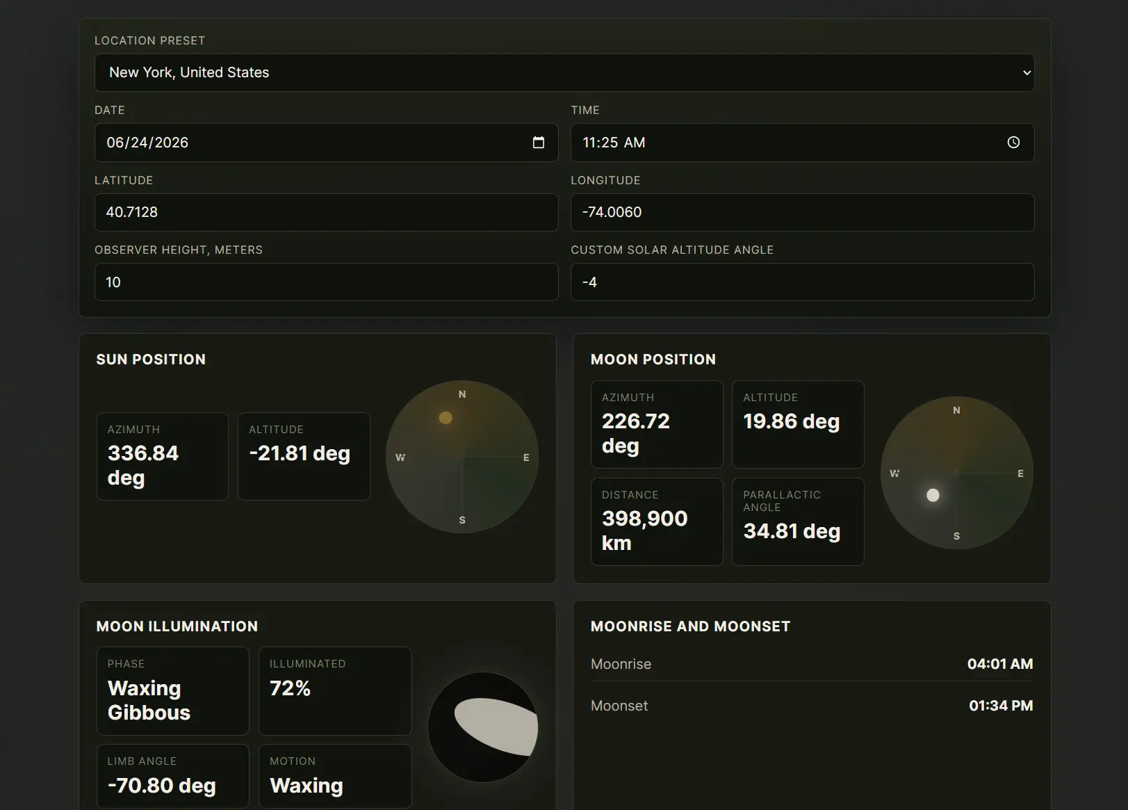 JavaScript Sun/Moon Position & Phase Calculator - SunCalc | CSS Script